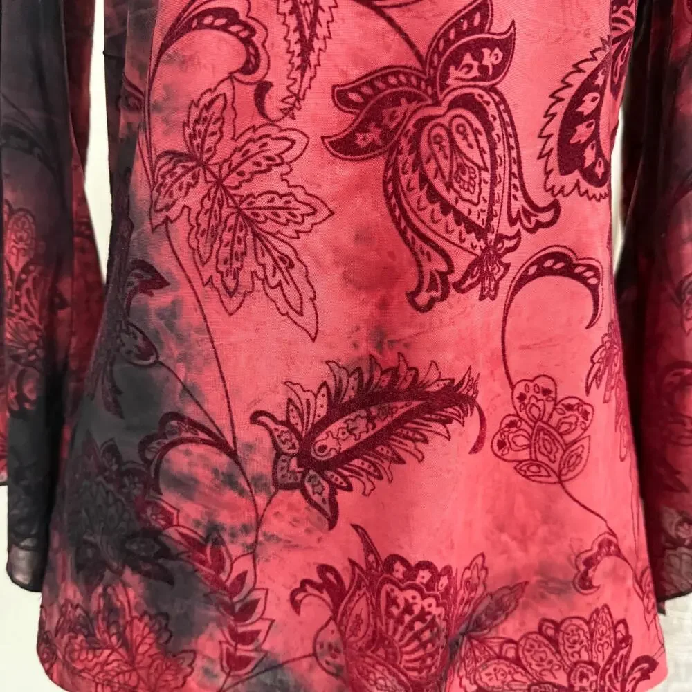 Sami & Jo Y2K Burnout Velvet Top S Red Black Fairy Grunge Flare Sleeve Beaded